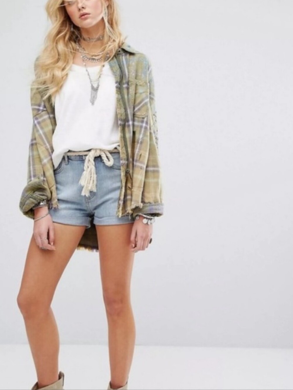 Free People Green Deconstructed Studded Plaid Flannel Shacket Distressed Grunge